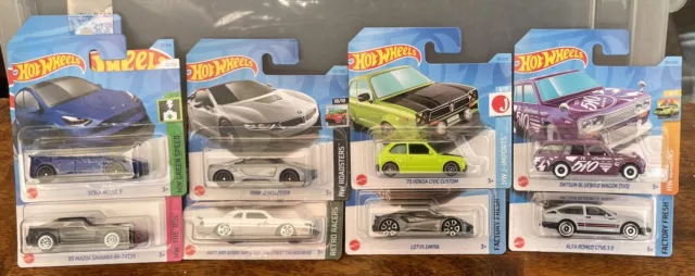 Hot Wheels x 8 Bundle/lot Lotus, Honda, Tesla, Datsun, BMW, Alfa, Mazda