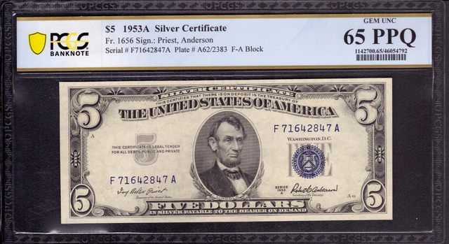 1953 A $5 Silver Certificate Note Fr 1656 Fa Block Pcgs B Gem Unc 65 Ppq