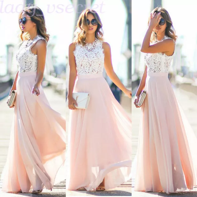 Long Chiffon Evening Formal Bridesmaid Party Ball Gown Prom Maxi Dress 8-18 Lace