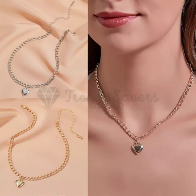 Heart Shape Pendant Curb Link Gold Silver Chain Necklace Womens Ladies Jewellery