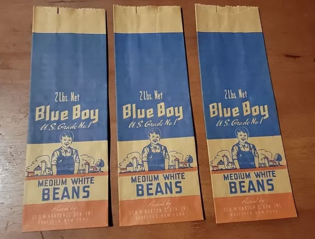 Lot of 3: 1940s Blue Boy Medium White Bean Bags. Oakfield, NY. Unused