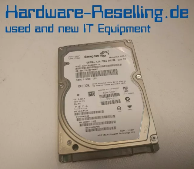 HP 500GB 7.2k 2.5 " SATA HDD ST9500420AS 634919-001 9HV144-022 515660-003