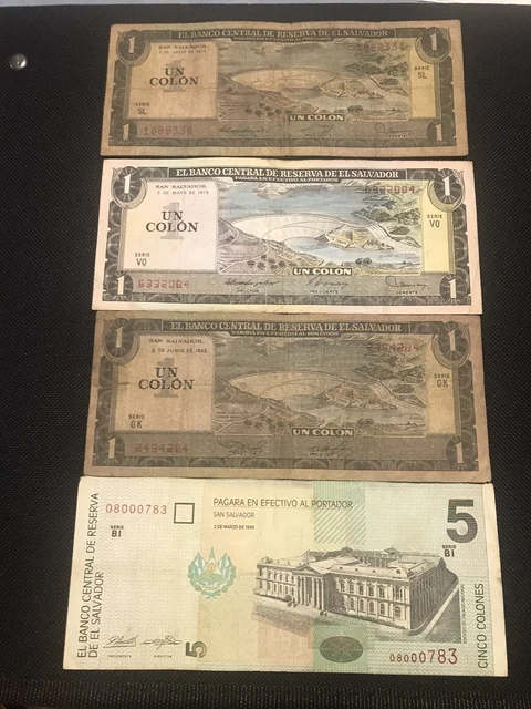 lot of 5 banknotes of El Salvador 3 of a colon 1977-1979-1982-5 colones of 1998
