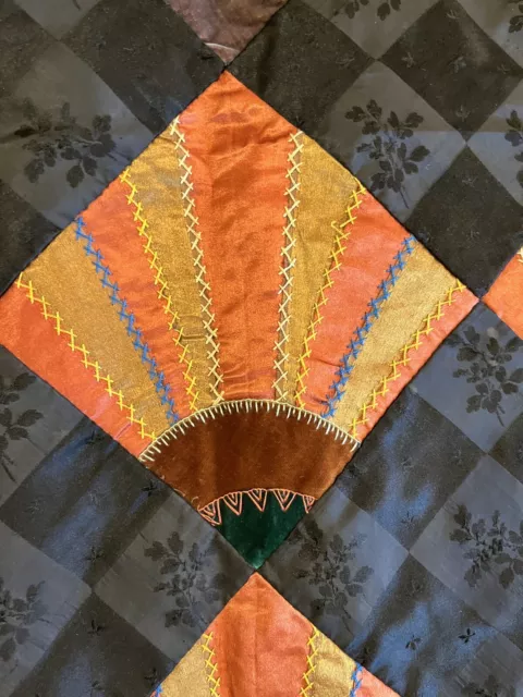 Antique crazy fan quilt velvet & silk