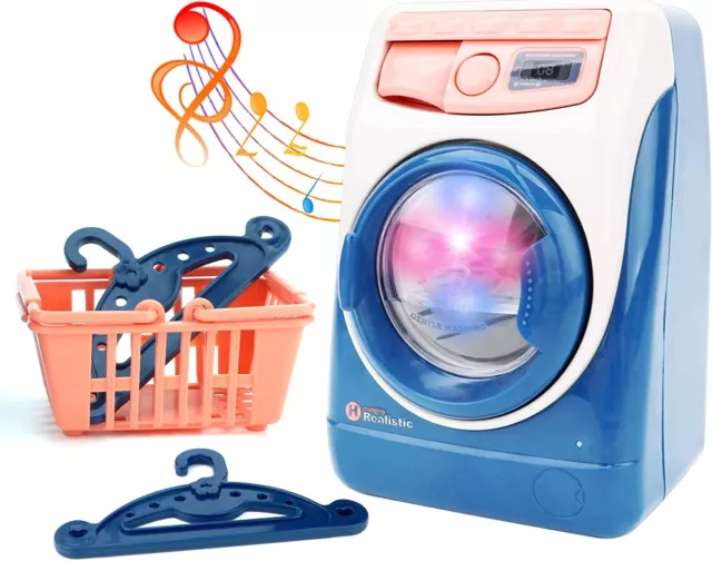 deAO Mini Pretend Toy Washing Machine Toy Set Household Appliance Battery Power