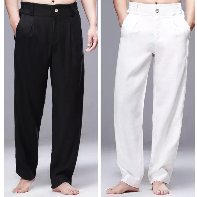 Homme Coton Lin Desseré Bouffant Long Pantalon Haut Élastique Taille Poche