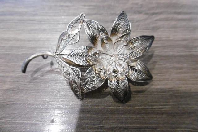 Broche Ancienne En Argent Massif Style Filigrane - Occasion - Bijou Vintage