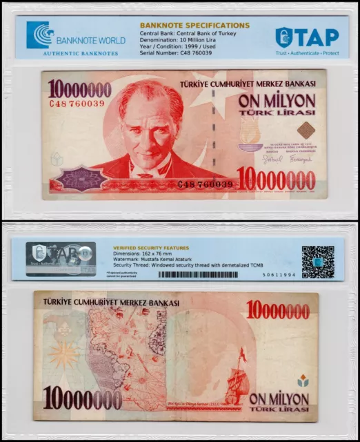 Turkey 10 Million Lira, L.1970 (1999), P-214, Used, Authenticated