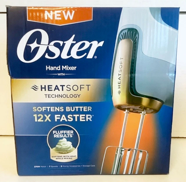 NEW OSTER FPSTHMNCWS HeatSoft 7Speed Hand Mixer w/Whisk & Dough Hooks