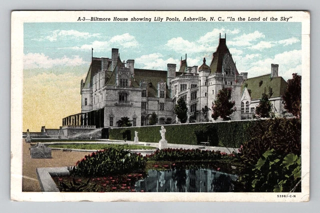 Postcard 1948 NC Biltmore House Lilly Pond Flowers View Asheville North Carolina