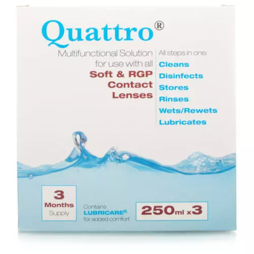 Quattro Contact Lens Solution 3x250ml Cleaning Disinfects Removes Protein Lipids