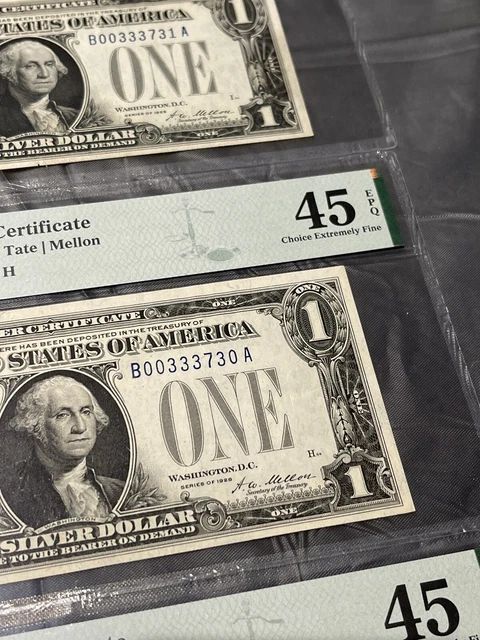 1928 $1 Silver Fr 1600 | BIG BLUE SEAL | BA Block PMG EPQ Serial (3) CONSECUTIVE
