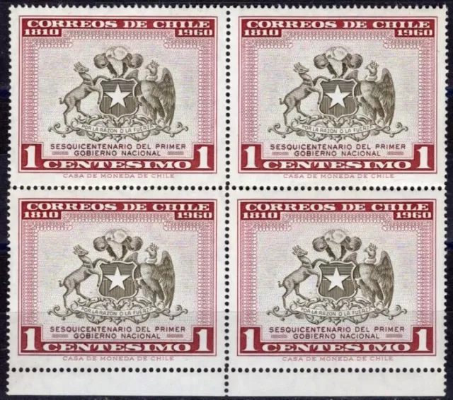 CHILE 1960 STAMP # 628 wmk 1 MNH BLOCK OF FOUR