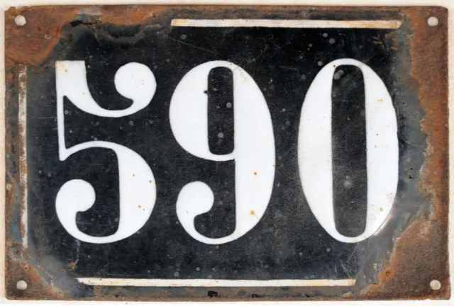Large old black French house number 590 door gate plate plaque enamel metal sign