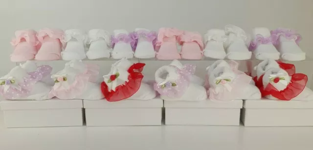 12 Paires De Chaussettes Bébé Fille London Nouveau-Né 0-6 Mois Arcs Frilly Bows Coffret Cadeau Boite