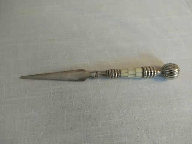 Vintage Silver Plated Metal Letter Opener With Mother of Pearl Decorated Handle