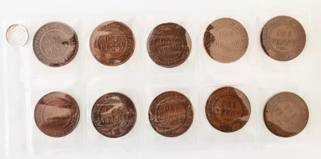 Australian Penny KGV set 10 coins 1911-36 All different Date *Free 1 Threepence*