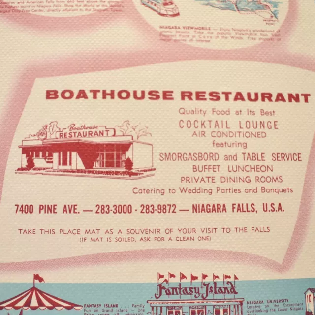 1960s Boathouse Restaurant Smorgasbord Cocktail Lounge Placemat Niagara Falls NY