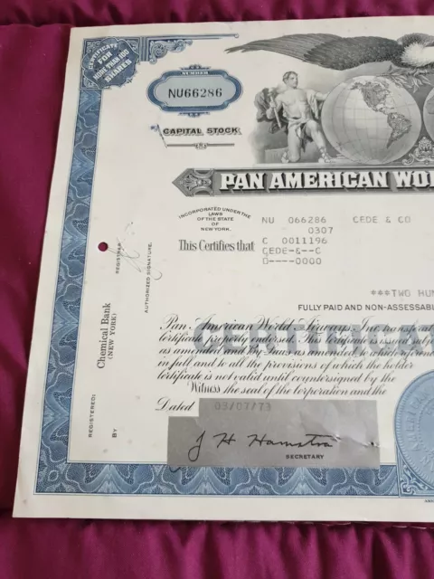 Certificat De Stock Pan American 200 dollars 1973 2