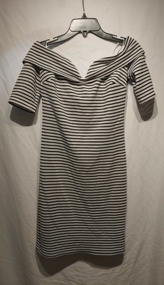 Guess Women's Striped Dress Black White Size XS Sheath Off-Shoulder Back Zip NWT