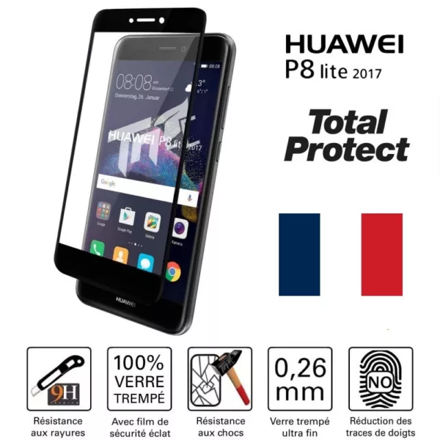 Vitre Verre Trempé intégral total Film protection Écran Noir Huawei P8 Lite 2017