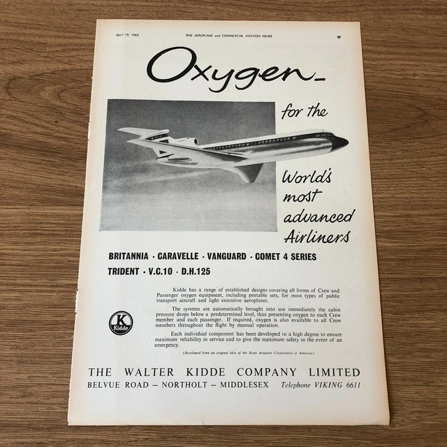 (STA29) Advert 11x8" The Walter Kidde Company Limited. Aircraft Oxygen Equipment