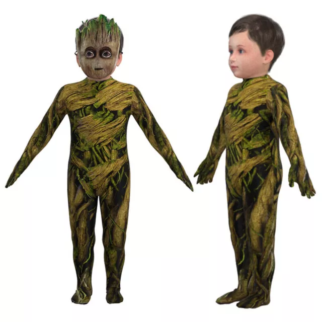 Kid Halloween Party I'm Groot Cosplay Costume Bodysuit Jumpsuit with Mask Sets