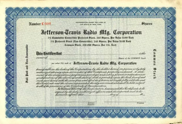 Jefferson-Travis Radio Mfg. Corporation - Entertainment Stocks & Bonds