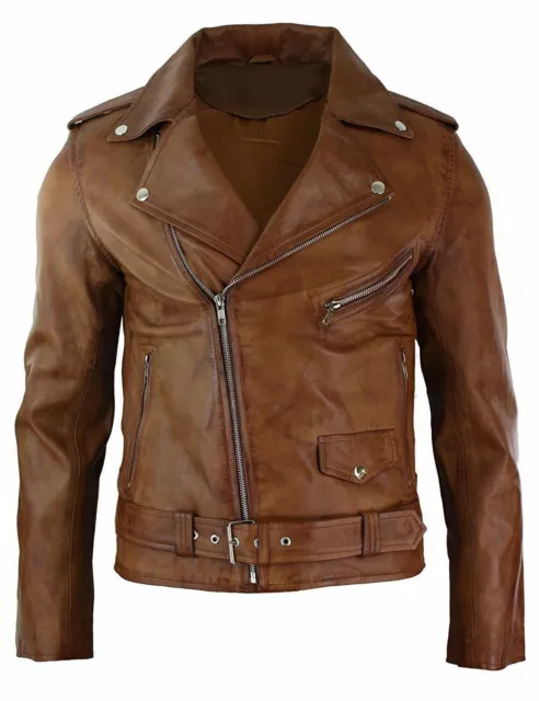 Mens Slim Fit Cross Zip Tan Brown Brando Motorcycle Real Leather Jacket