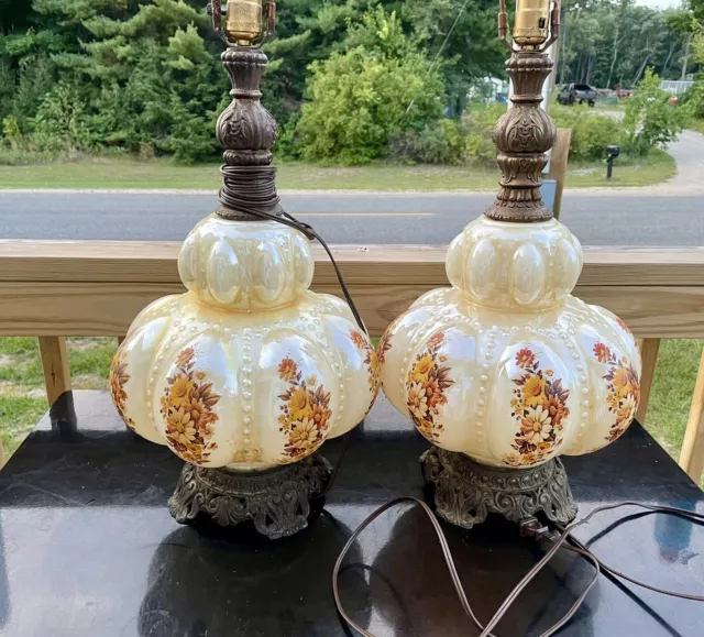 Vintage Lamp Table  Parlor Bubble Glass Brass  Floral Design Set If 2 Lamps