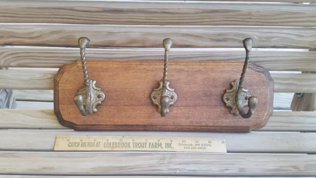 Vintage Wood Wall Hanging Coat Hat Rack - 3 Fancy Brass Double Hooks
