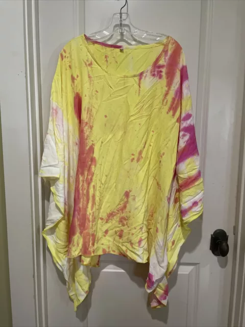 Yellow Pink Tie Dye Boho Kimono Tunic Top Sun Beach Summer Womens 20W Plus 2X