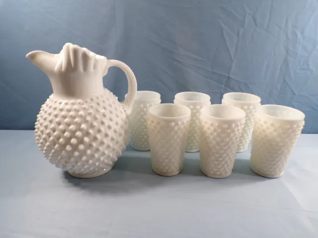 Fenton Milk Glass Hobnail Water Set - 70 Oz Ball Pitcher & Six 12 Oz Tumblers