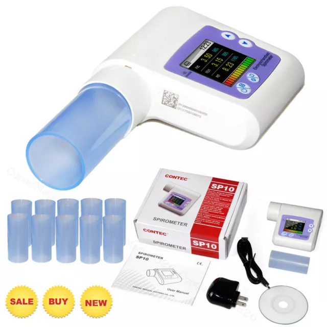 SP10 Digital Spirometer Lung Volum Device Respiratory Free Mouthpieces FVC FEV