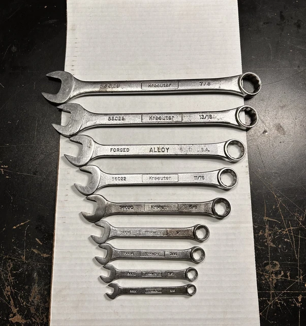 Old/Vintage Kraeuter Combination Wrenches 9 pc. Set SAE USA