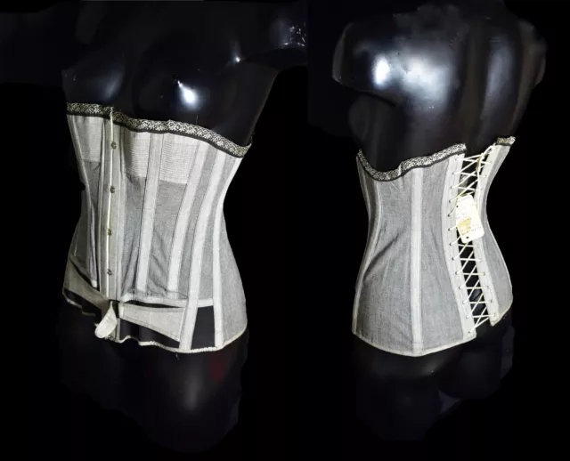 Corsetto edoardiano originale antico nuovo argento grigio studio costume da esposizione nuovo con etichette