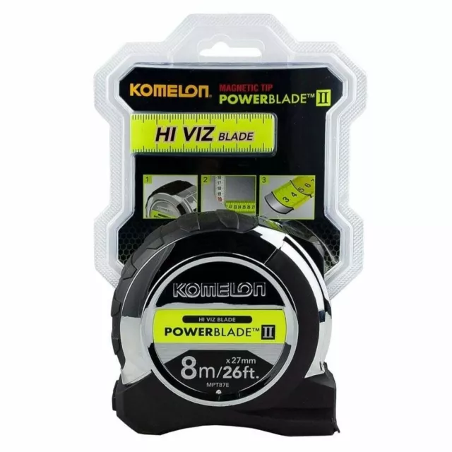 KOMELON Soft Grip 5m/16ft Or 8m/26ft PowerBlade HI VIZ Magnetic End Tape Measure 3