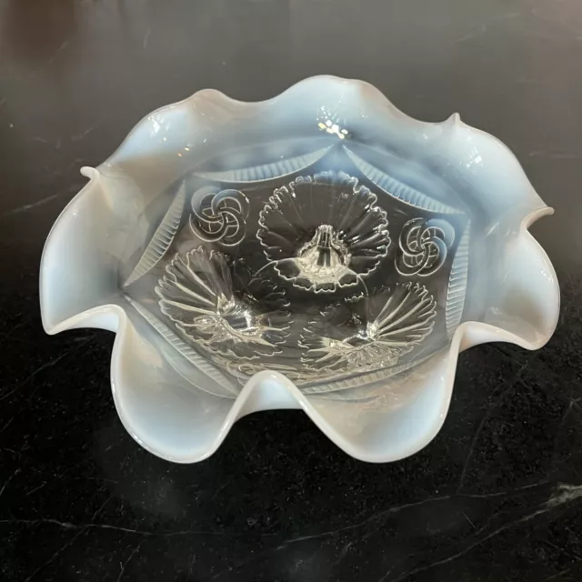 Vintage Northwood Ruffles & Rings White Opalescent Glass Ruffled Footed Bowl