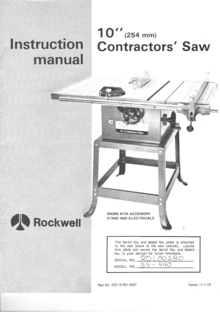 CD Instruct & Parts Manual Fits Rockwell-Delta Model 34-440 10" Contractors Saw
