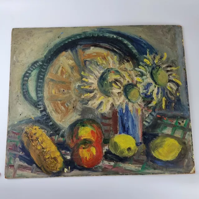 20th Century Oil On Board Still Life Flowers And Fruit Unsigned