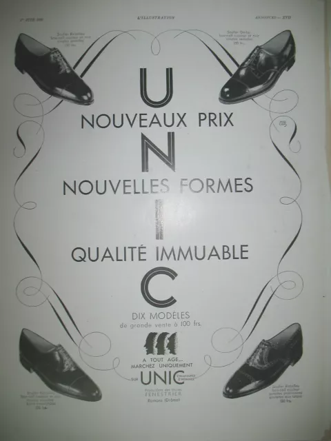 Publicite De Presse Unic Chaussure Soulier Derby Richelieu French Ad 1935