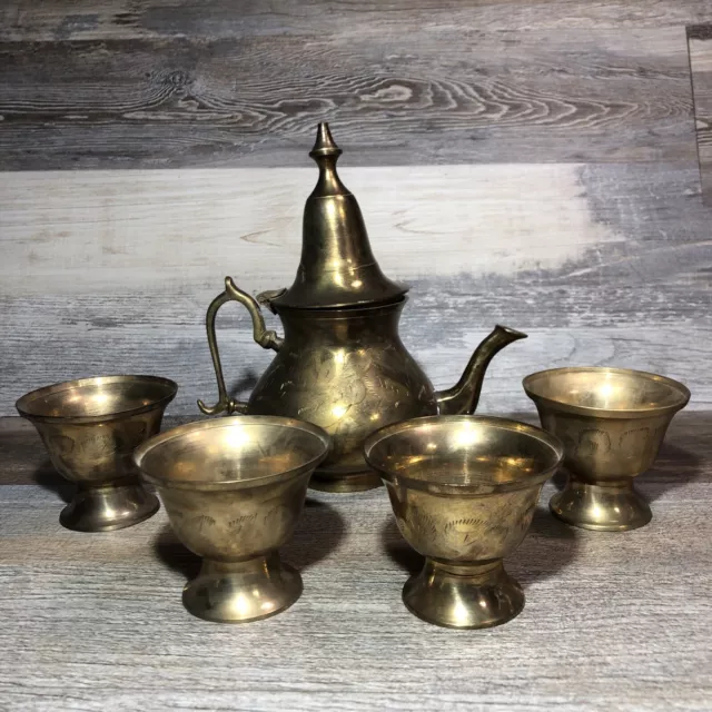 Vintage Indian brass Dallah Turkish Arabic coffee pot & set Of 4 Tea Cups