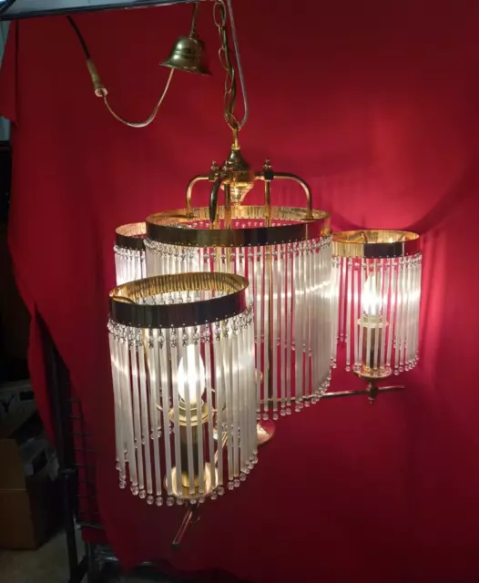 Gros Lustre Vintage Laiton Pailles Cristal Big Old Lustre
