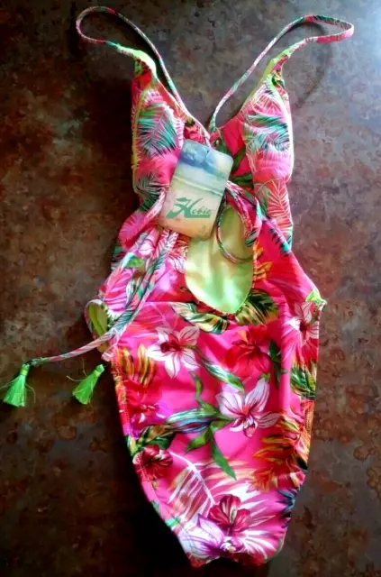 Women's Hobie One Piece Swimsuit Bright Pink -Tropical Floral Spaghetti Strap Xs