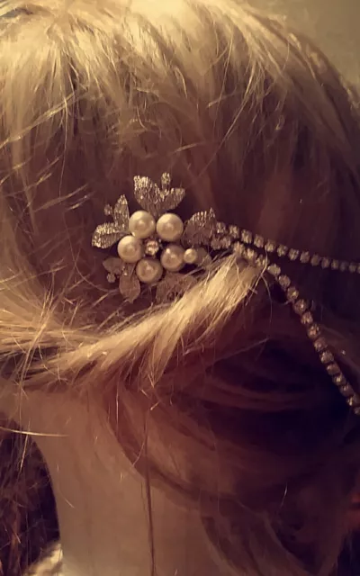 Handmade silver pearl and rhinestone bridal headpiece / fascinator