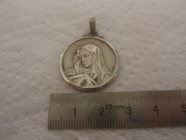 Broche Ancienne Médaille Argent Vierge Marie - Bijou Vintage Signé 2057 - Occasion Magnifique