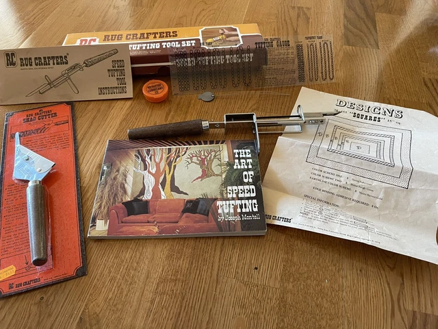 Juego de herramientas de mechón de velocidad vintage para artesanos de alfombras caja original + cortador de libros y pelos