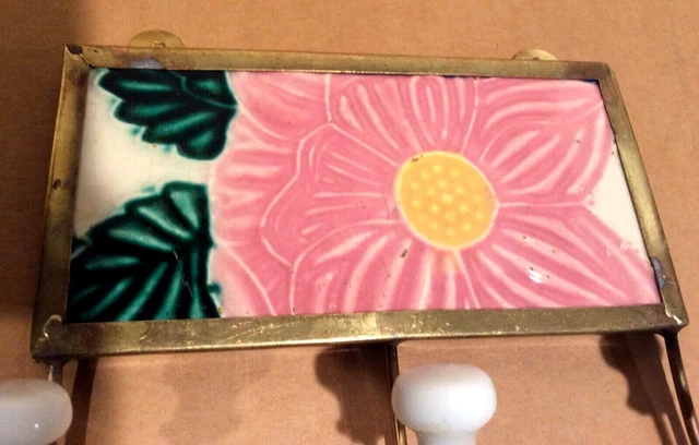 Japanese Tile and Brass Wall Hook, Vintage, Rose 2