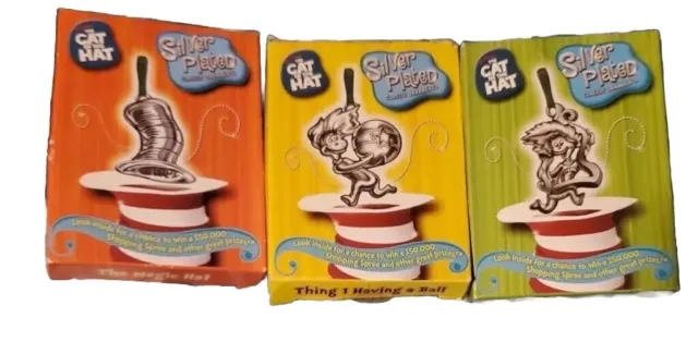 🔥3 Dr. Seuss Cat in the Hat Silver Plate Christmas Ornaments 2003 - NEW👍