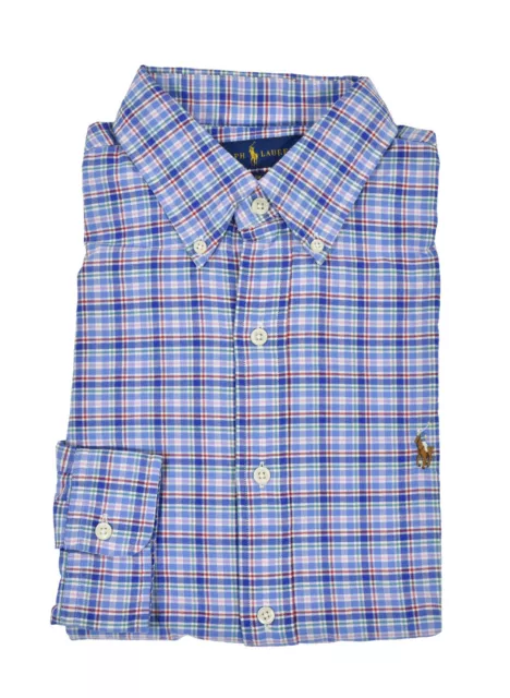 Polo Ralph Lauren Cotone Blu Plaid Camicia Oxford Nuovo